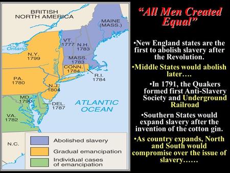 Slavery “All Men Created Equal” New England states are the first to abolish slavery after the Revolution. Middle States would abolish later…. In 1791,