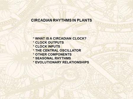 CIRCADIAN RHYTHMS IN PLANTS * WHAT IS A CIRCADIAN CLOCK? * CLOCK OUTPUTS * CLOCK INPUTS * THE CENTRAL OSCILLATOR * OTHER COMPONENTS * SEASONAL RHYTHMS.