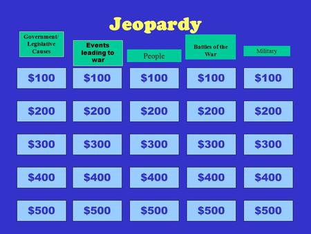 Jeopardy $100 $200 $300 $400 $500 Government/ Legislative Causes $100 $200 $300 $400 $500 Events leading to war $100 $200 $300 $400 $500 People $100 $200.