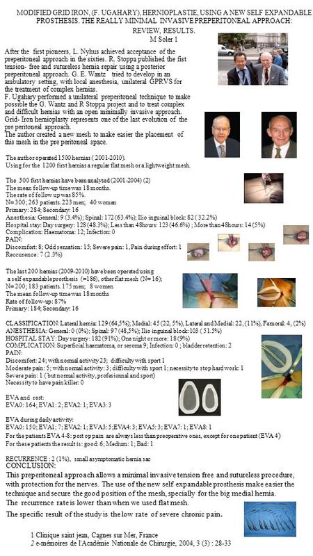 MODIFIED GRID IRON, (F. UGAHARY), HERNIOPLASTIE, USING A NEW SELF EXPANDABLE PROSTHESIS. THE REALLY MINIMAL INVASIVE PREPERITONEAL APPROACH: REVIEW, RESULTS.