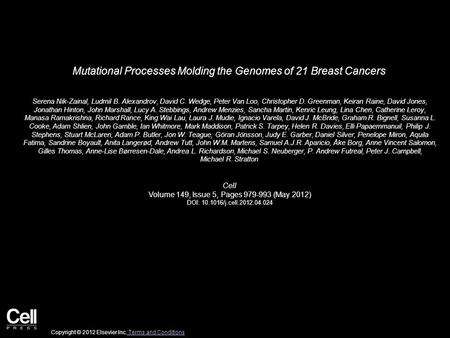 Mutational Processes Molding the Genomes of 21 Breast Cancers Serena Nik-Zainal, Ludmil B. Alexandrov, David C. Wedge, Peter Van Loo, Christopher D. Greenman,
