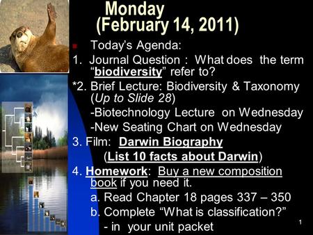 5/23/20151 Monday (February 14, 2011) Today’s Agenda: 1. Journal Question : What does the term “biodiversity” refer to? *2. Brief Lecture: Biodiversity.