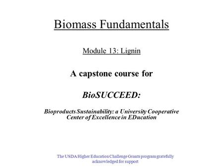 Biomass Fundamentals Module 13: Lignin A capstone course for BioSUCCEED: Bioproducts Sustainability: a University Cooperative Center of Excellence in EDucation.