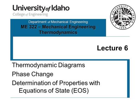 Department of Mechanical Engineering ME 322 – Mechanical Engineering Thermodynamics Lecture 6 Thermodynamic Diagrams Phase Change Determination of Properties.