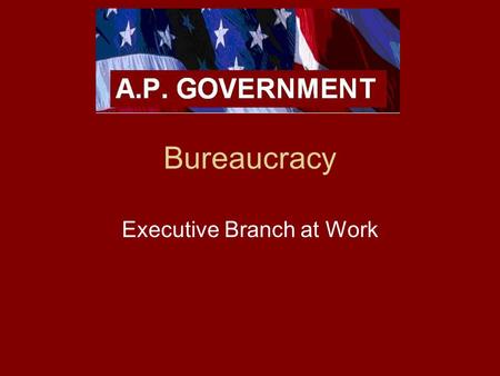 Bureaucracy Executive Branch at Work. Bureaucracy What is a bureaucracy? –Large, complex organization of appointed, not elected, officials. –“bureau”