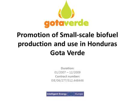 Promotion of Small-scale biofuel production and use in Honduras Gota Verde Duration: 01/2007 – 12/2009 Contract number: EIE/06/277/S12.448446.