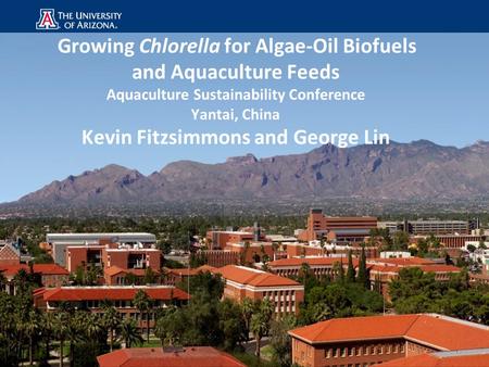 Growing Chlorella for Algae-Oil Biofuels and Aquaculture Feeds Aquaculture Sustainability Conference Yantai, China Kevin Fitzsimmons and George Lin.