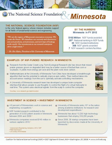 BY THE NUMBERS Minnesota in FY 2012 $102 Million: NSF funds awarded 20 th : National ranking in NSF funds 30: NSF-funded institutions 368: NSF grants awarded.