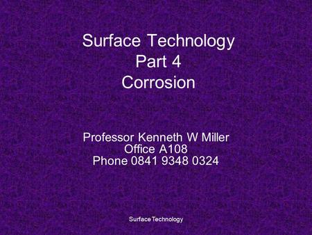 Surface Technology Part 4 Corrosion
