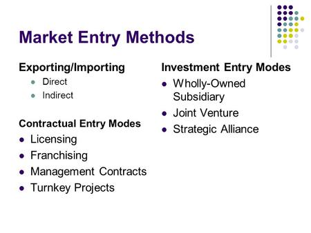 Market Entry Methods Exporting/Importing Licensing Franchising