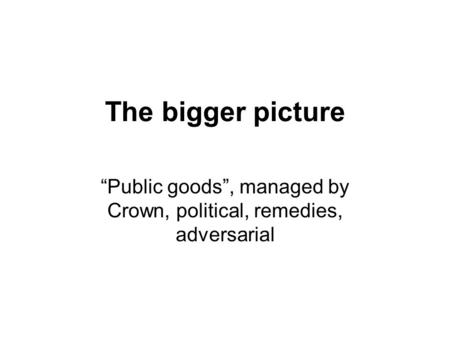 The bigger picture “Public goods”, managed by Crown, political, remedies, adversarial.