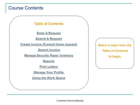 Customer Service Module Course Contents Table of Contents Enter A Request Search A Request Create Invoice (Funeral home request) Search Invoice Manage.