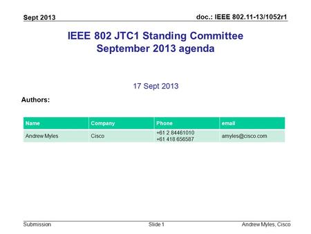 Doc.: IEEE 802.11-13/1052r1 Submission Sept 2013 Andrew Myles, CiscoSlide 1 IEEE 802 JTC1 Standing Committee September 2013 agenda 17 Sept 2013 Authors: