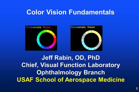 1 Color Vision Fundamentals Jeff Rabin, OD, PhD Chief, Visual Function Laboratory Ophthalmology Branch USAF School of Aerospace Medicine.