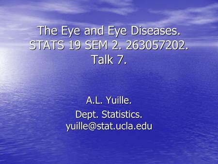 The Eye and Eye Diseases. STATS 19 SEM 2. 263057202. Talk 7. A.L. Yuille. Dept. Statistics.