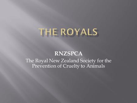 RNZSPCA The Royal New Zealand Society for the Prevention of Cruelty to Animals.