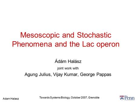 Towards Systems Biology, October 2007, Grenoble Adam Halasz Ádám Halász joint work with Agung Julius, Vijay Kumar, George Pappas Mesoscopic and Stochastic.