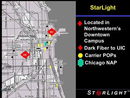 University of Illinois at Chicago StarLight Located in Northwestern’s Downtown Campus Dark Fiber to UIC Carrier POPs Chicago NAP NU UIC.