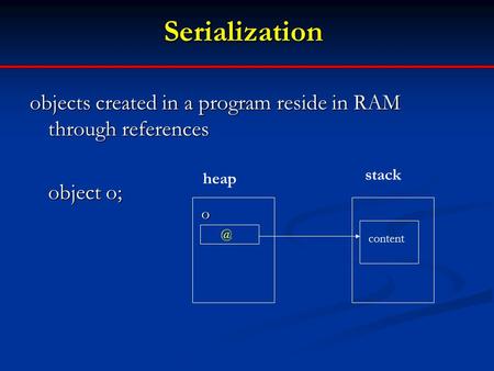 Serialization objects created in a program reside in RAM through references object o; heap stack content.