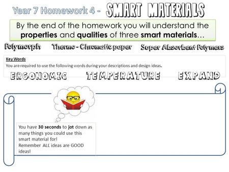 By the end of the homework you will understand the properties and qualities of three smart materials … Key Words You are required to use the following.
