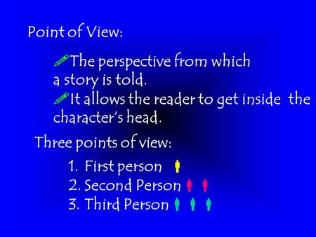 Point of View:  The perspective from which a story is told.  It allows the reader to get inside the character’s head. Three points of view: 1.First.