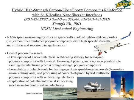 Hybrid High-Strength Carbon-Fiber/Epoxy Composites Reinforced with Self-Healing Nanofibers at Interfaces (ND NASA EPSCoR Seed Grant $28,610, 4/16/2011-4/15/2012)