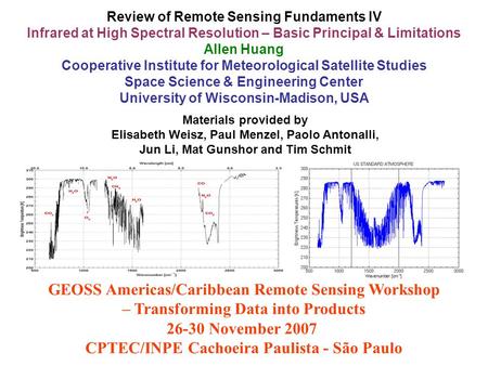 Review of Remote Sensing Fundaments IV Infrared at High Spectral Resolution – Basic Principal & Limitations Allen Huang Cooperative Institute for Meteorological.