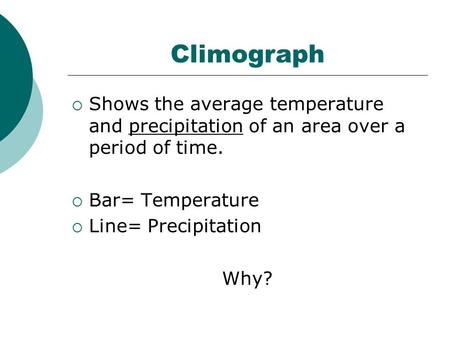 Climograph  Shows the average temperature and precipitation of an area over a period of time.  Bar= Temperature  Line= Precipitation Why?