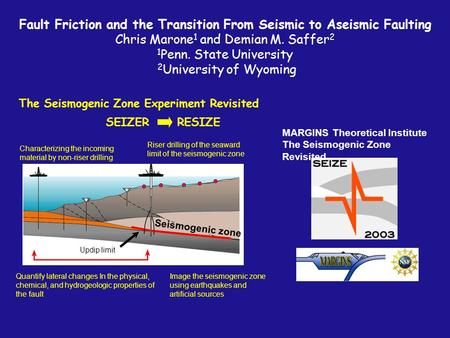 The Seismogenic Zone Experiment Revisited MARGINS Theoretical Institute The Seismogenic Zone Revisited Fault Friction and the Transition From Seismic.