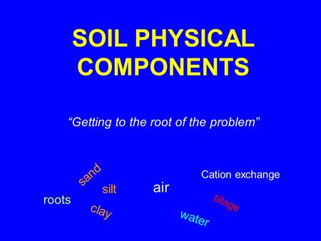 SOIL PHYSICAL COMPONENTS “Getting to the root of the problem” sand silt clay air water Cation exchange tillage roots.