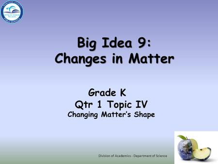 Big Idea 9: Changes in Matter Grade K Qtr 1 Topic IV Changing Matter’s Shape Division of Academics - Department of Science.