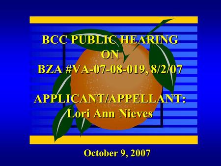 October 9, 2007 BCC PUBLIC HEARING ON BZA #VA-07-08-019, 8/2/07 APPLICANT/APPELLANT: Lori Ann Nieves.