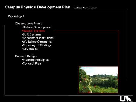 Campus Physical Development Plan Author: Warren Denny Workshop 4 Observations Phase Historic Development Natural Systems Built Systems Benchmark Institutions.