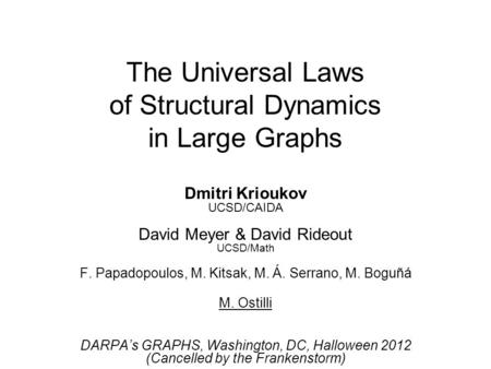The Universal Laws of Structural Dynamics in Large Graphs Dmitri Krioukov UCSD/CAIDA David Meyer & David Rideout UCSD/Math F. Papadopoulos, M. Kitsak,