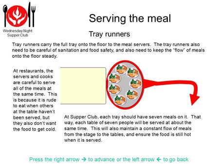 Wednesday Night Supper Club Serving the meal Press the right arrow  to advance or the left arrow  to go back Tray runners carry the full tray onto the.