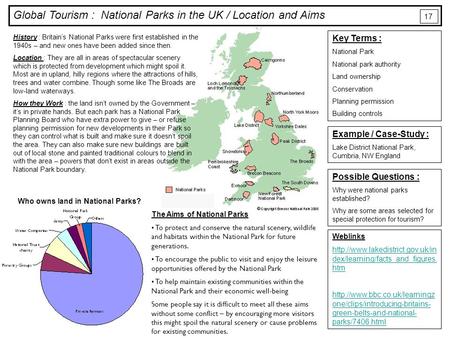 Global Tourism : National Parks in the UK / Location and Aims 17 Key Terms : National Park National park authority Land ownership Conservation Planning.