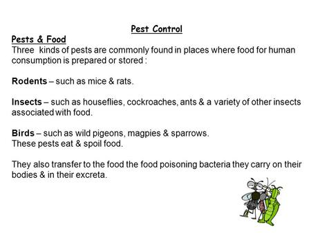 Pest Control Pests & Food Three kinds of pests are commonly found in places where food for human consumption is prepared or stored : Rodents – such as.