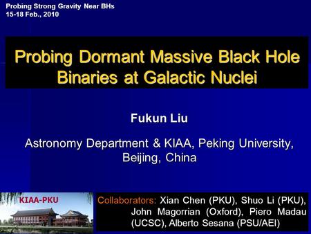 Probing Dormant Massive Black Hole Binaries at Galactic Nuclei Fukun Liu Astronomy Department & KIAA, Peking University, Beijing, China Probing Strong.