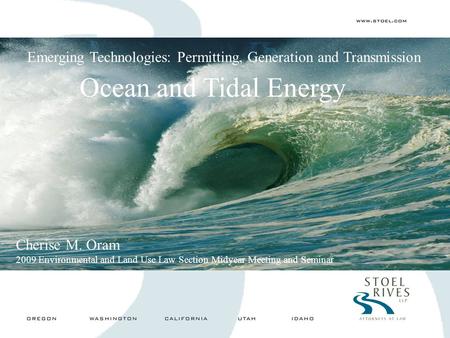 Ocean and Tidal Energy Emerging Technologies: Permitting, Generation and Transmission Cherise M. Oram 2009 Environmental and Land Use Law Section Midyear.