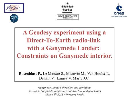 Ganymede Lander Colloquium and Workshop. Session 2. Ganymede: origin, internal structure and geophysics March 5 th 2013 – Moscow, Russia A Geodesy experiment.