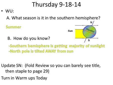 Thursday 9-18-14 WU: A. What season is it in the southern hemisphere? B. How do you know? Update SN: (Fold Review so you can barely see title, then staple.
