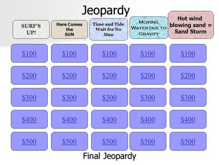 Jeopardy $100SURF’SUP! Here Comes theSUN Time and Tide Wait for No Man Moving Water due to Gravity Hot wind blowing sand = Sand Storm $200 $300 $400 $500.