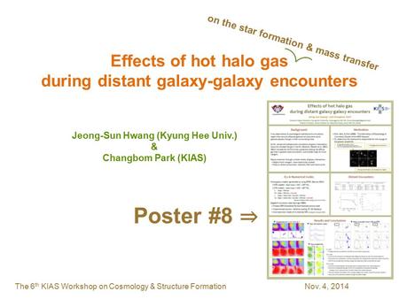 The 6 th KIAS Workshop on Cosmology & Structure Formation Nov. 4, 2014 Effects of hot halo gas during distant galaxy-galaxy encounters Jeong-Sun Hwang.