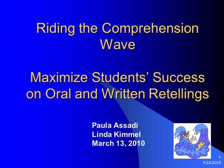 5/24/2015 1 Riding the Comprehension Wave Maximize Students’ Success on Oral and Written Retellings Paula Assadi Linda Kimmel March 13, 2010.