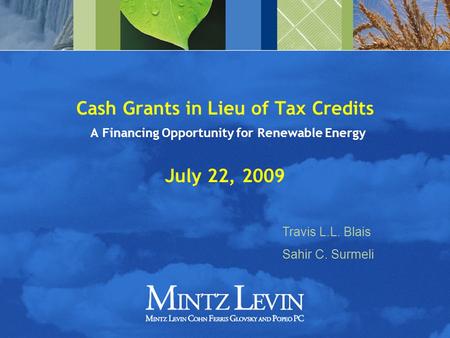 Cash Grants in Lieu of Tax Credits A Financing Opportunity for Renewable Energy July 22, 2009 Travis L.L. Blais Sahir C. Surmeli.