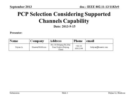 Doc.: IEEE 802.11-13/1183r0 Submission September 2013 Dejian Li, Hisilicon PCP Selection Considering Supported Channels Capability Date: 2013-9-15 Slide.