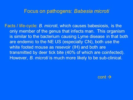 Focus on pathogens: Babesia microti Facts / life-cycle: B. microti, which causes babesiosis, is the only member of the genus that infects man. This organism.