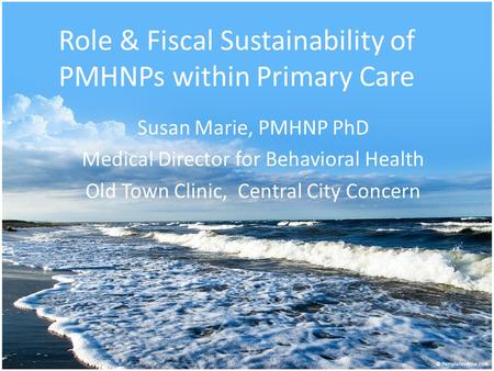 Role & Fiscal Sustainability of PMHNPs within Primary Care Susan Marie, PMHNP PhD Medical Director for Behavioral Health Old Town Clinic, Central City.