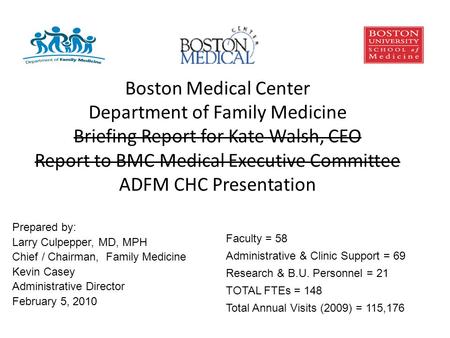 Boston Medical Center Department of Family Medicine Briefing Report for Kate Walsh, CEO Report to BMC Medical Executive Committee ADFM CHC Presentation.