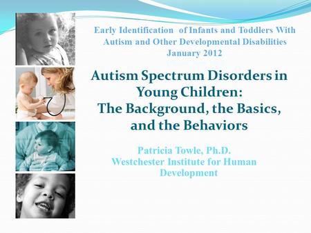 Early Identification of Infants and Toddlers With Autism and Other Developmental Disabilities January 2012 Albany, New York Patricia Towle, Ph.D. Westchester.